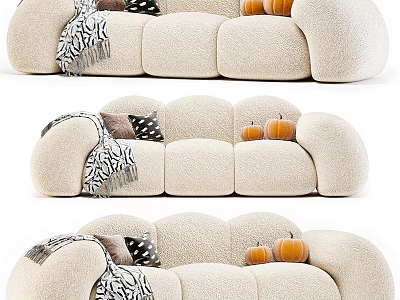 Cozy Sectional Sofa With Fluffy Beige Fabric Patterned Pillows And Striped Throw Blanket 3d model