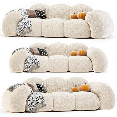 Cozy Sectional Sofa With Fluffy Beige Fabric Patterned Pillows And Striped Throw Blanket 3d model