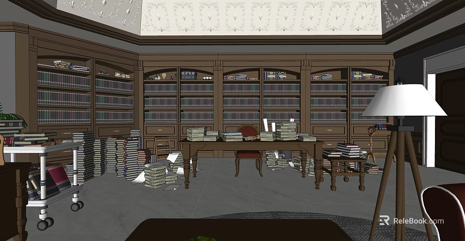 Traditional Office Interior With Wooden Bookshelves Stacked Books Large Desk And Floor Lamp 3d model 