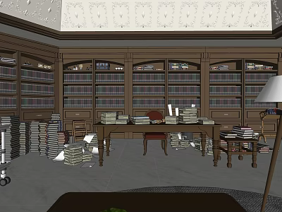 Traditional Office Interior With Wooden Bookshelves Stacked Books Large Desk And Floor Lamp 3d model
