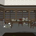 Traditional Office Interior With Wooden Bookshelves Stacked Books Large Desk And Floor Lamp