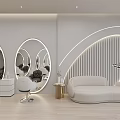 Modern Hair Salon Interior With Backlit Round Mirrors And Comfortable White Gray Chairs