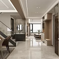 Modern Living And Dining Room Interior With Sofa Coffee Table Marble TV Wall And Plants