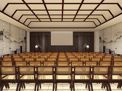 Chinese Style Meeting Room Interior With Wooden Ceiling Structure Arranged Chairs And Large Screen 3d model
