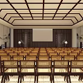 Chinese Style Meeting Room Interior With Wooden Ceiling Structure Arranged Chairs And Large Screen