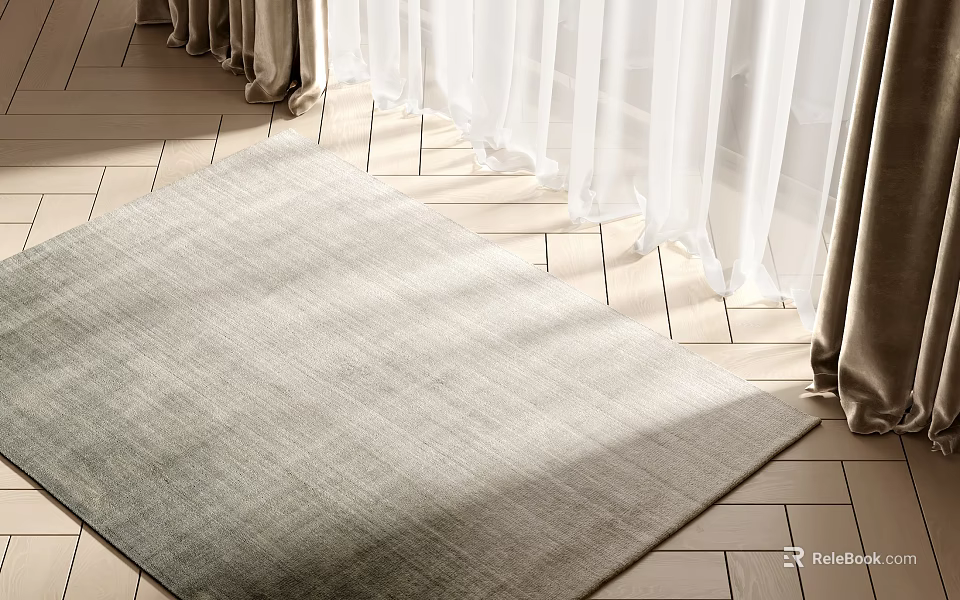 Light Gray Square Rug On Herringbone Floor With Sunlight And White Curtains 3d model