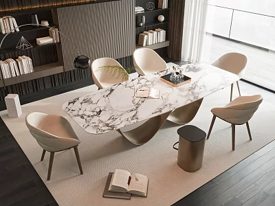 Modern Dining Table Set With Marble Top And Beige Chairs Near Bookshelves 3d model