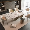 Modern Dining Table Set With Marble Top And Beige Chairs Near Bookshelves