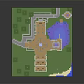 Cartoon Minecraft Hillside Scene With Multi Level Building Trees Grass Waterfall And Water Area