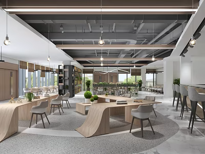 Modern Café Interior Design With Wooden Tables Chairs Pendant Lights And Green Plants 3d model