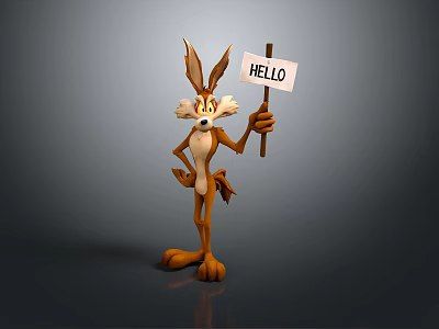 Cartoon Rabbit Character Holding Hello Sign Standing on Gray Background 3d model