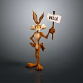 Cartoon Rabbit Character Holding Hello Sign Standing on Gray Background