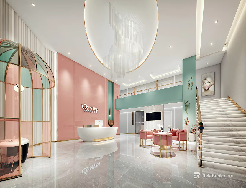 Elegant Beauty Salon Interior Design With Reception Desk Staircase And Pastel Decor 3d model 