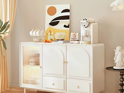White Modern Entryway Cabinet Sideboard With Glass Door Drawers And Decorative Items 3d model