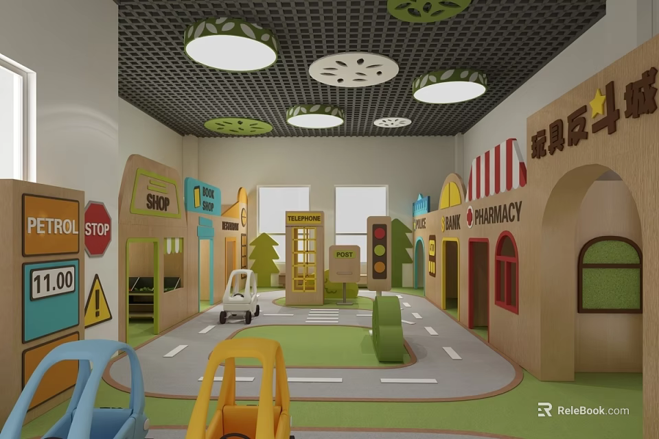 Kindergarten Indoor Play Area With Wooden Shops Traffic Signs Toy Cars And Green Floor 3d model 
