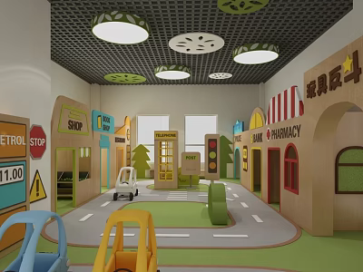 Kindergarten Indoor Play Area With Wooden Shops Traffic Signs Toy Cars And Green Floor 3d model