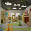 Kindergarten Indoor Play Area With Wooden Shops Traffic Signs Toy Cars And Green Floor