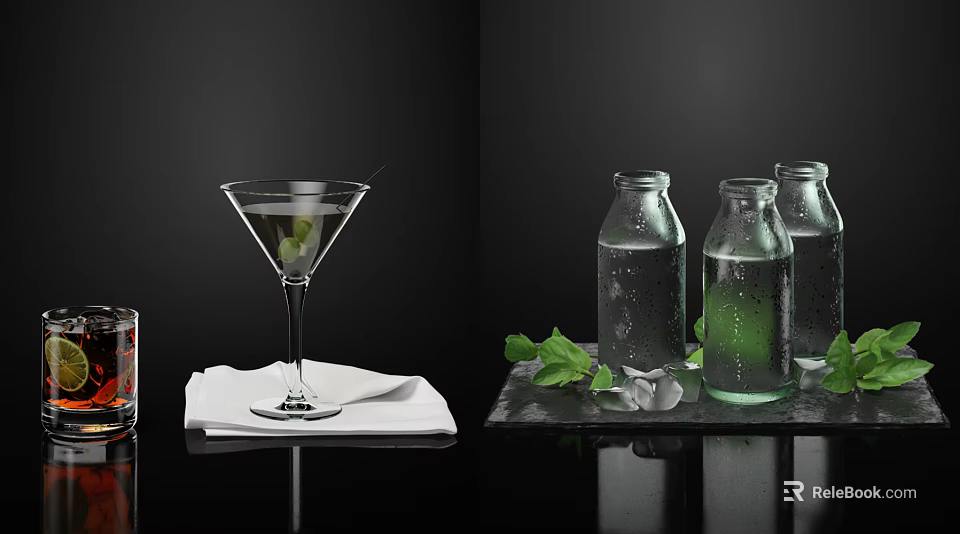 Martini Glass and Transparent Bottles with Mint Leaves and White Flowers on Black Tray 3d model 
