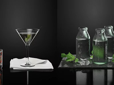 Martini Glass and Transparent Bottles with Mint Leaves and White Flowers on Black Tray 3d model