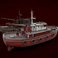 Two Distinct Boats Red Tugboat And Dark Old Vessel With Crane And Lifebuoys