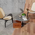 Modern Beige Cushioned Chairs And Round Coffee Table With Wooden Box Books Green Plant