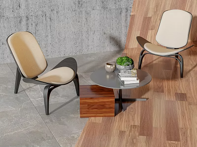 Modern Beige Cushioned Chairs And Round Coffee Table With Wooden Box Books Green Plant 3d model