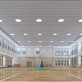 Spacious Basketball Court Interior Design With Wooden Floor Ceiling Lights And Large Windows