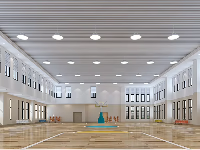 Spacious Basketball Court Interior Design With Wooden Floor Ceiling Lights And Large Windows 3d model