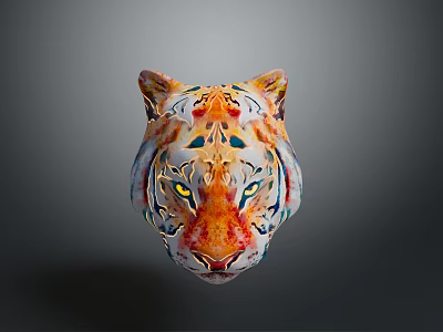 Colorful Tiger Head With Intricate Patterns And Yellow Eyes On Gray Background 3d model