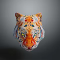 Colorful Tiger Head With Intricate Patterns And Yellow Eyes On Gray Background