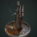 Man in Metal Armor Holding Scythe With Open Treasure Chest Standing On Circular Wooden Platform