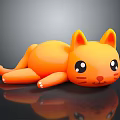 Orange Cartoon Cat Toy 3D Rendered Lying on Black Surface With Reflective Finish