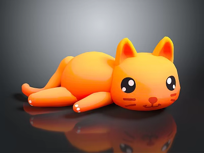 Orange Cartoon Cat Toy 3D Rendered Lying on Black Surface With Reflective Finish 3d model