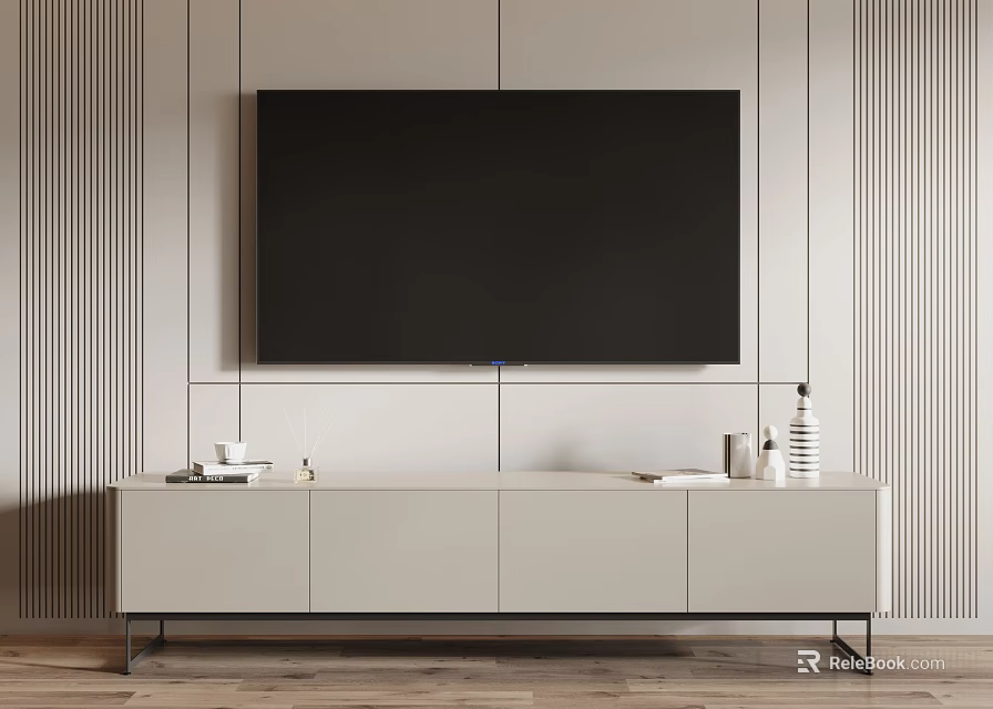 Modern TV Stand With Wall Mounted TV Vertical Striped Wall Decorative Items And Wooden Floor 3d model 