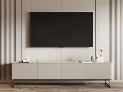 Modern TV Stand With Wall Mounted TV Vertical Striped Wall Decorative Items And Wooden Floor 3d model