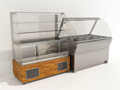 Commercial Refrigerator Freezer Glass Display Case Stainless Steel Body Wooden Base Curved Glass Lid 3d model