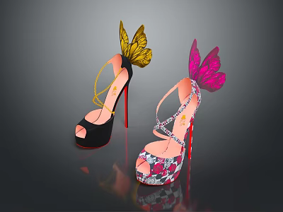 Stylish High Heels With Decorative Butterfly Wings In Black And Pink Designs 3d model