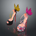 Stylish High Heels With Decorative Butterfly Wings In Black And Pink Designs