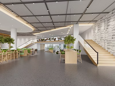 Modern Interior Space With Staircase Green Chairs Wooden Tables Green Plants And Textured Wall 3d model