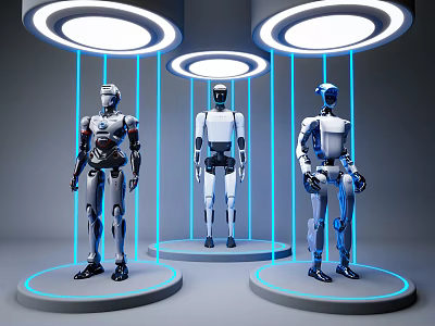 Smart Robots Standing on Illuminated Platforms with Blue Lighting and Circular Lights 3d model