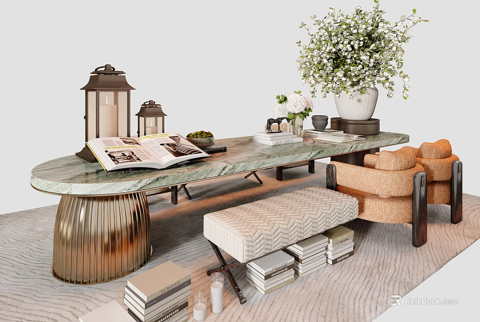 Modern Luxury Marble Dining Table Set With Soft Upholstered Seats And Elegant Home Decor Accessories 3d model 