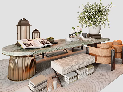 Modern Luxury Marble Dining Table Set With Soft Upholstered Seats And Elegant Home Decor Accessories 3d model