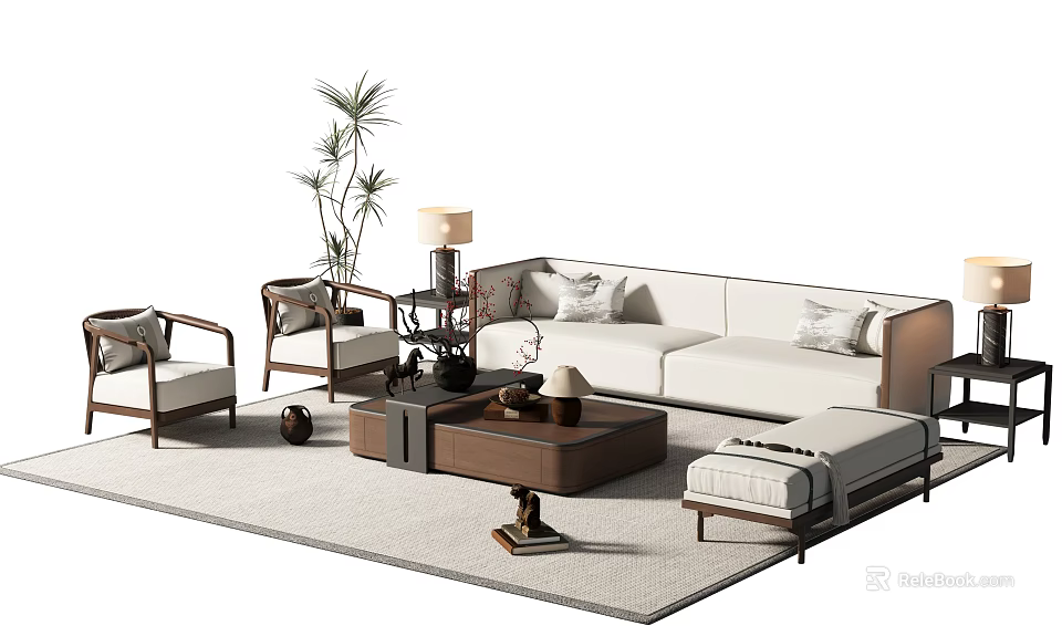 Modern Sofa Coffee Table Set With Armchairs Area Rug Plant And Side Table 3d model