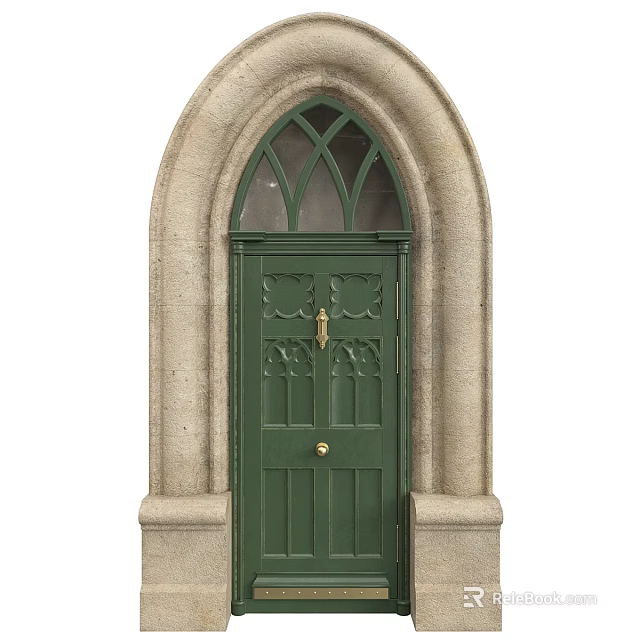 Green Arched Security Door With Stone Frame Decorative Patterns And Golden Hardware 3d model 