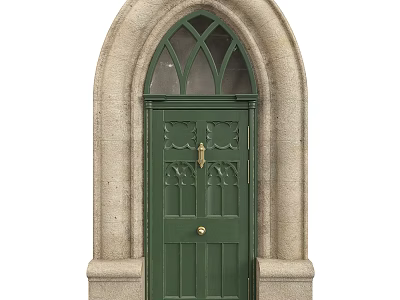 Green Arched Security Door With Stone Frame Decorative Patterns And Golden Hardware 3d model