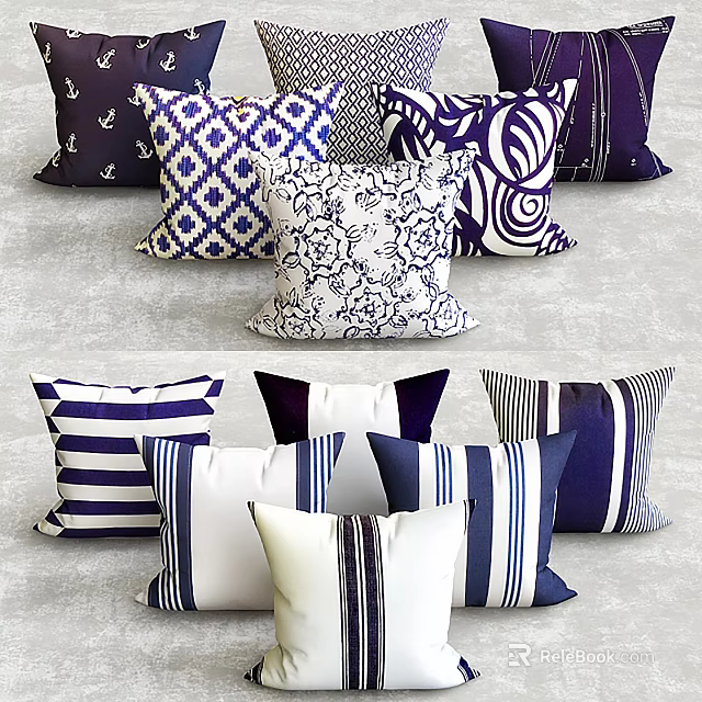Blue And White Decorative Throw Pillows With Striped Geometric And Abstract Patterns 3d model
