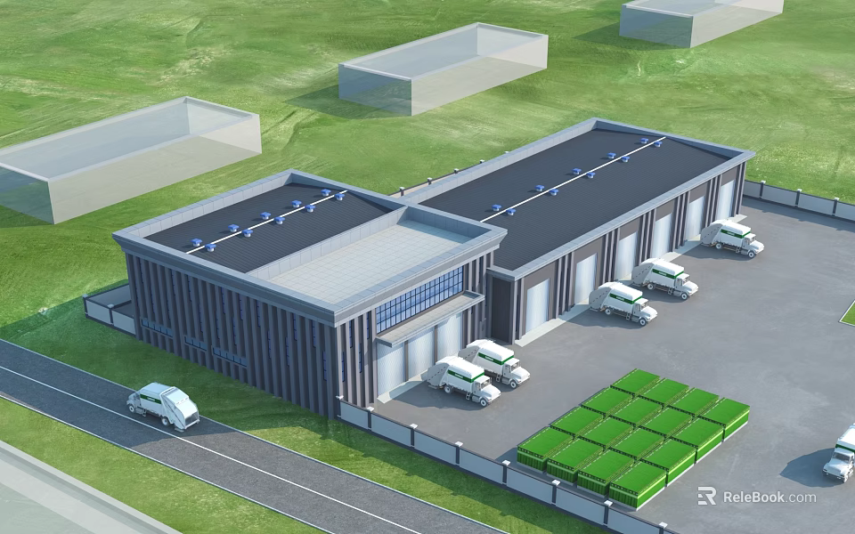 Modern Logistics Warehouse Building With Roof Equipment White Trucks Green Storage Containers And Road 3d model 