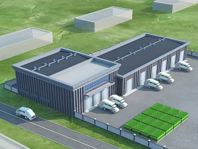 Modern Logistics Warehouse Building With Roof Equipment White Trucks Green Storage Containers And Road 3d model