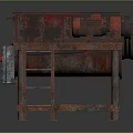 Rusty Industrial Machine With Red Rotary Parts On Metal Frame