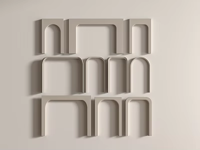 Geometric Decorative Shapes Arranged On Light Colored Wall In Three Rows 3d model